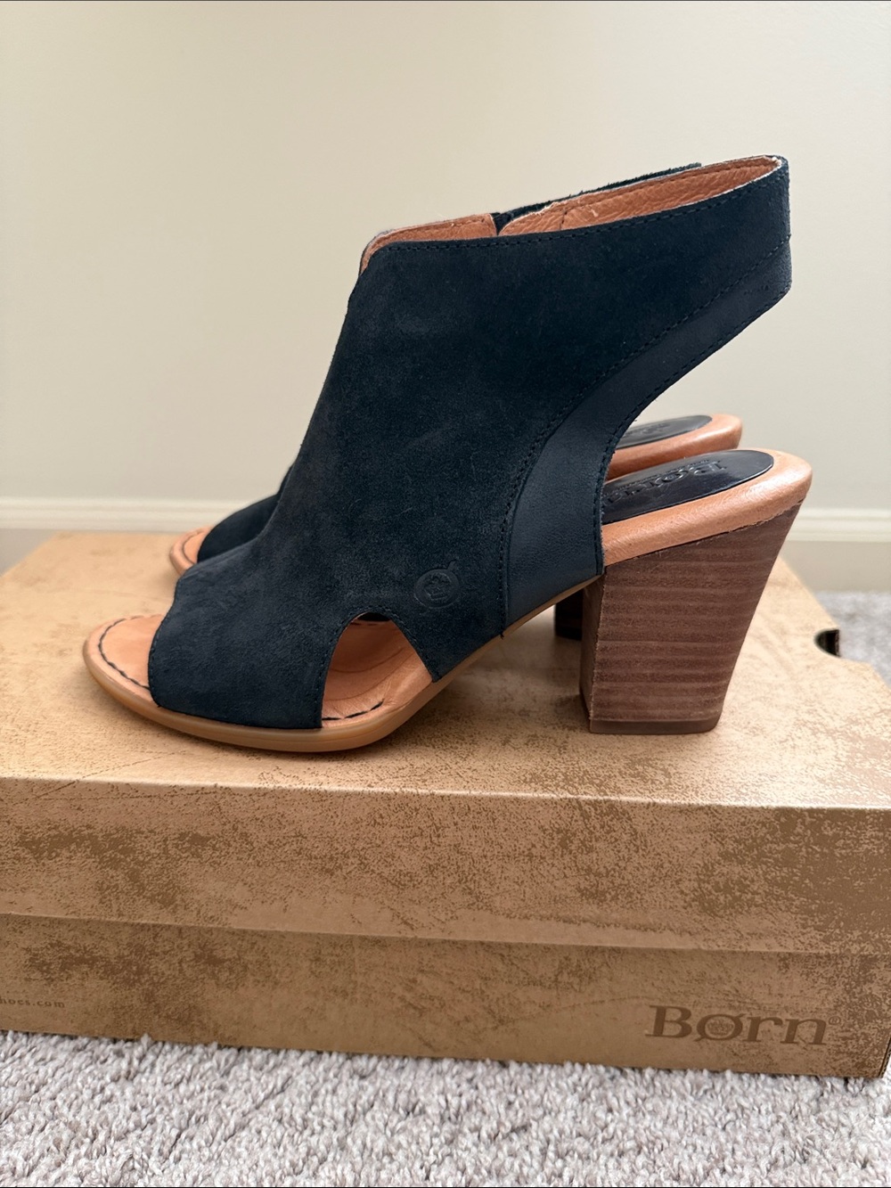Born Black Suede Peep-Toe Cutout Block Heel Sandals